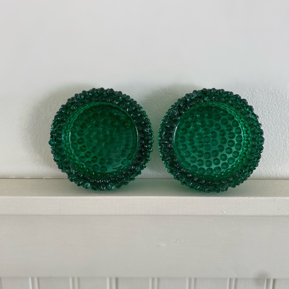 Vintage Emerald Green Hobnail Glass Ashtrays - Pair